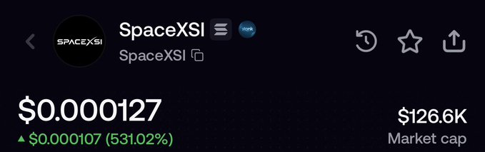 A cryptocurrency or stock tracker screenshot for 'SpaceXSI' showing a price of $0.000127, up $0.000107 (531.02%), with a market cap of $126.6K.