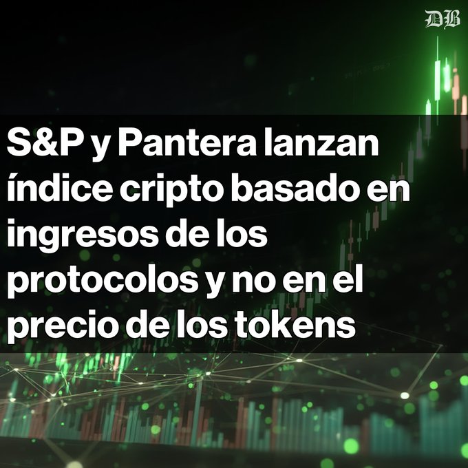 A financial news graphic with the headline "S&P y Pantera lanzan índice cripto basado en ingresos de los protocolos y no en el precio de los tokens" set against a green candlestick chart and network visualization, relating to the post about S&P and Pantera Capital launching a new crypto index based on protocol revenues rather than token prices.