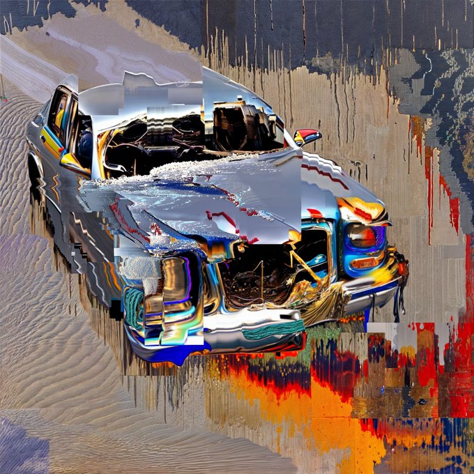 A distorted, glitch-art style image of a sports car with wavy, chromatic aberration effects and drip patterns in red, orange, and blue.