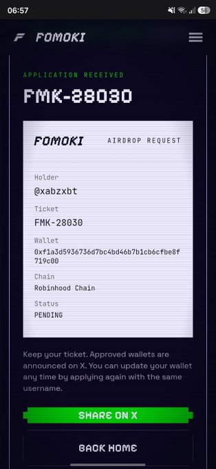 A mobile screen displays an 'APPLICATION RECEIVED' confirmation from FOMOKI for an airdrop request with ticket number FMK-28030, showing a pending status for wallet @xabzxbt on the Robinhood Chain.
