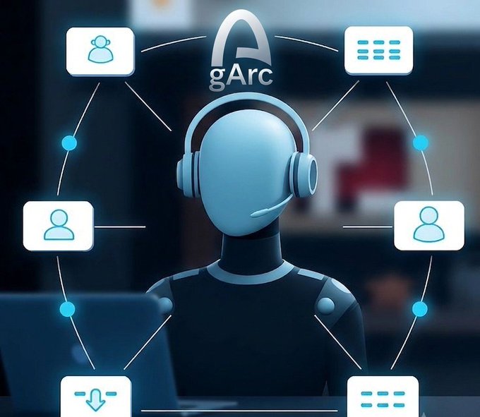 A 3D illustration of a humanoid figure wearing a headset surrounded by connectivity icons, with the 'gArc' logo at the top center.