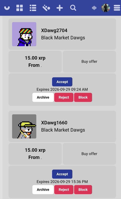 A mobile app screenshot showing two buy offers for 'Black Market Dawgs' NFTs from users XDawg2704 and XDawg1660, each priced at 15.00 XRP with Accept, Archive, Reject, and Block options.