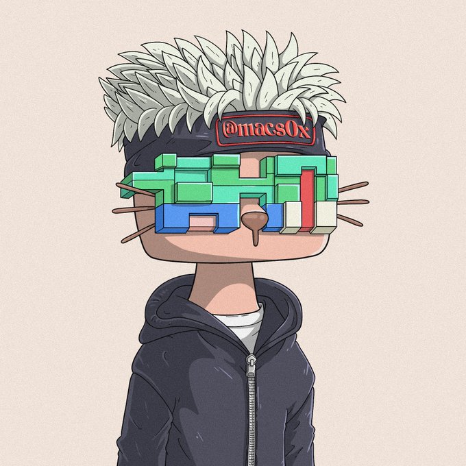 A stylized cartoon character with spiky white hair wears a black hoodie and pixelated 3D sunglasses, with a black headband displaying the text '@macs0x' in red lettering.