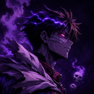 !!!yugen!!! is a character from anime series, and he has purple hair with a lightning bolt style. In the image, there is a man wearing a cape that has a skull design on it, which is also related to the anime series. The caption suggests that this image might be related to or inspired by the character yugen in an anime series.