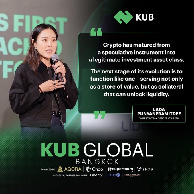 A promotional graphic for 'KUB GLOBAL BANGKOK' features a quote from Lada Punyaneramitdee, Chief Strategy Officer at Liberix, discussing the evolution of crypto into an investment asset class.
