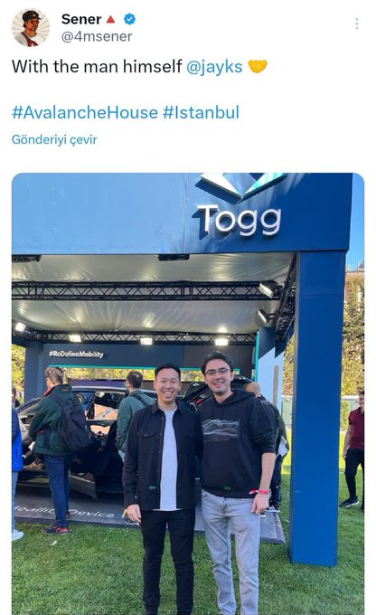A Twitter post by Sener (@4msener) captioned 'With the man himself @jayks 🤝 #AvalancheHouse #Istanbul', showing two men posing in front of a 'Togg' booth with a hashtag '#DoYouMobility'.