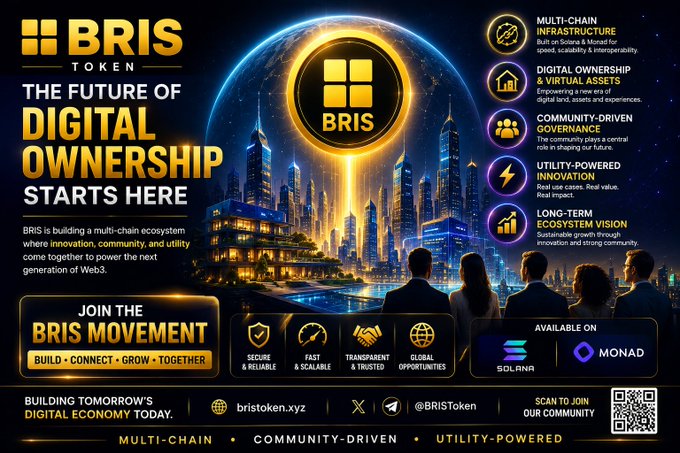 A promotional advertisement for 'BRIS Token' featuring a futuristic cityscape, listing features like multi-chain infrastructure, digital ownership, and community-driven governance, available on Solana and Monad.