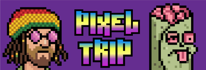 Pixel art graphic with the text "PIXEL TRIP" featuring a Rastafarian character with rasta sunglasses and a zombie head on a purple background.