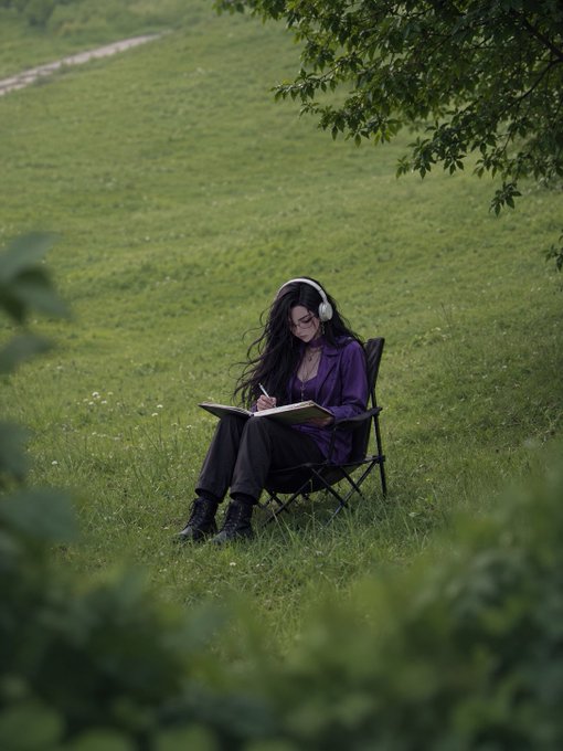 A woman with long dark hair sits in a folding chair in a grassy field, wearing headphones and writing in a notebook beneath the shade of a tree.
