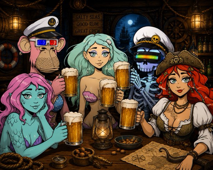 Cartoon-style illustration of pirate and sea creature characters including a pirate captain, mermaid, and skeleton holding beer mugs in a tavern, with sign reading 'SALTY SEAS GOOD RUM GREAT CREW'.