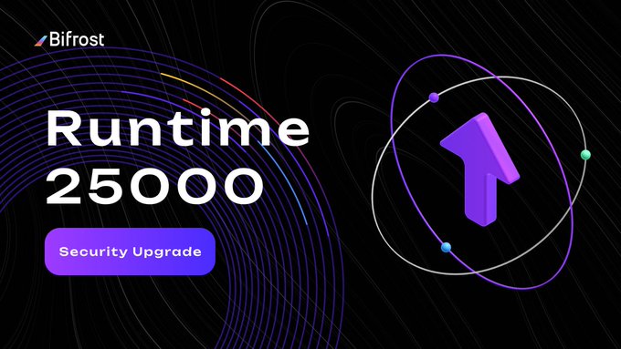 The image features a purple arrow pointing upwards with green dots around its edges. The background of the image is black, which contrasts with the purple arrow and makes it stand out. Below the arrow, there's text that reads "Runtime 25000 Security Update". This suggests that the image might be related to an update or patch for a security feature in a cryptocurrency exchange platform. The focus on this particular detail indicates that the main point of interest is the security enhancement being introduced by Bifrost.