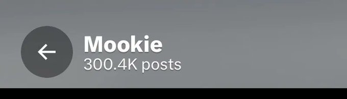 The image shows a social media profile header for "Mookie" displaying "300.4K posts" alongside a back arrow button, which aligns with the accompanying post introducing Mookie as someone active on X (formerly Twitter) and engaged with crypto and NFTs.