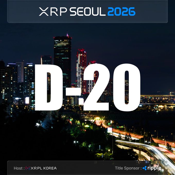 A promotional graphic for the "XRP SEOUL 2026" conference hosted by XRPL KOREA, featuring a nighttime cityscape of Seoul with a large "D-20" countdown and Ripple as the title sponsor.