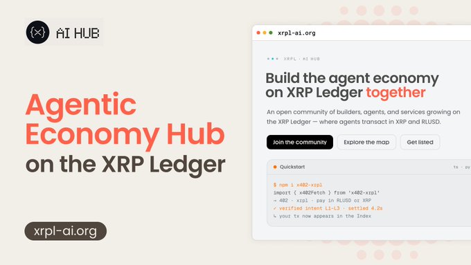 A promotional graphic for xrpl-ai.org introducing an 'Agentic Economy Hub on the XRP Ledger' with code snippets and community buttons.