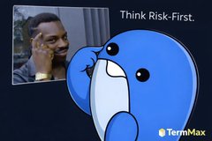 A split image featuring a meme of a man holding a phone on the left, text reading "Think Risk-First.", a crying blue cartoon character in the center, and the "TermMax" logo.