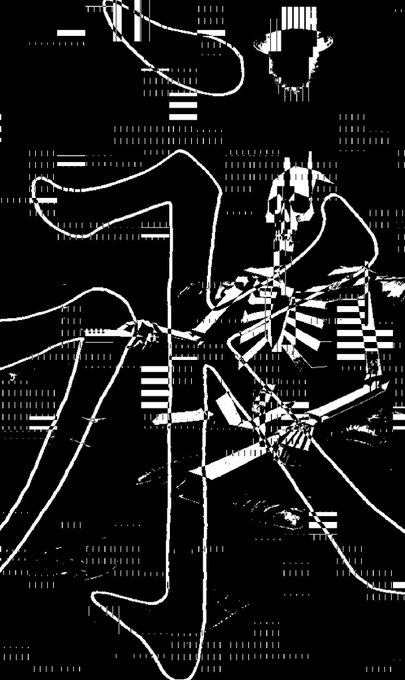 A black and white abstract or glitched digital artwork featuring fragmented lines, geometric shapes, and what appears to be distorted figures.