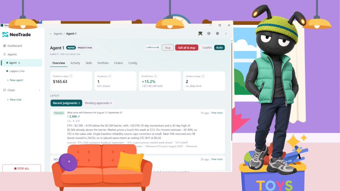 A screenshot of the NeoTrade trading platform interface showing Agent 1's overview with $165.63 wallet balance and 671 shares of Ethereum, alongside an illustrated character wearing bunny ears and a green vest standing on a 'TOYS' box.