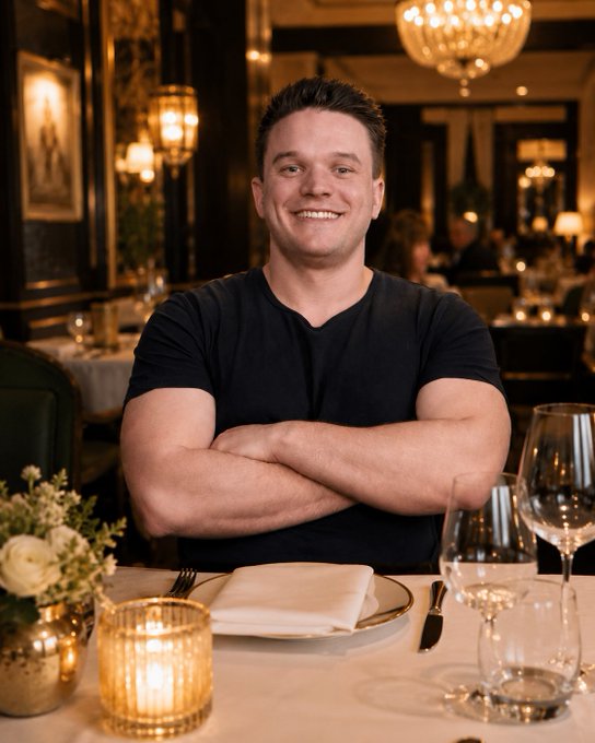 A man smiles confidently with his arms crossed at an elegantly set dining table in a luxurious, chandelier-lit restaurant, perfectly matching the post's inviting call to share Stake usernames while waiting for the meal.