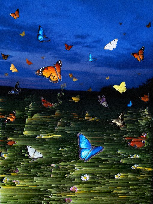 An artistic rendering of numerous colorful butterflies flying over a green, textured landscape under a dark blue sky.