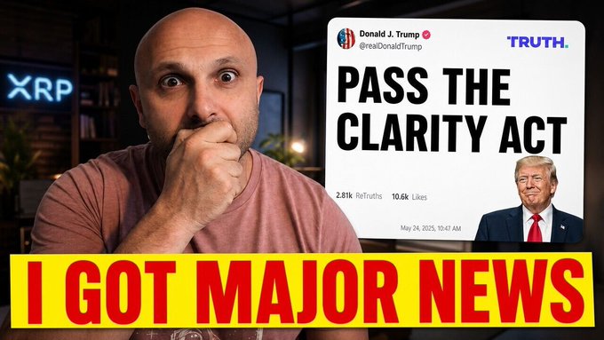 The image features a man looking shocked with a neon XRP sign in the background and a Truth Social post by Donald J. Trump that reads "PASS THE CLARITY ACT." This visual is intended to accompany the post's discussion of XRP's operating environment, highlighting negative financial factors and hinting at significant news related to regulatory clarity.