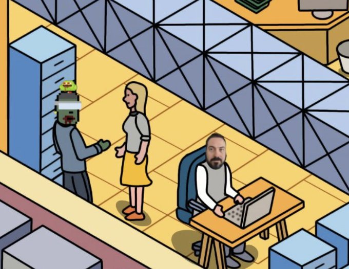 An isometric cartoon office scene where a man with a Pepe the Frog bucket hat and green mask greets a woman in a yellow skirt, while another bearded man works at a laptop nearby.