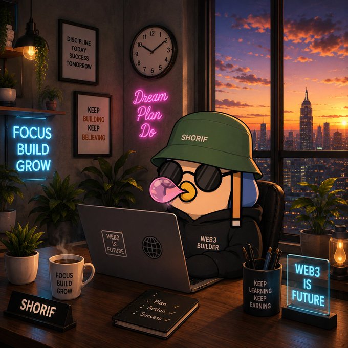 An AI-generated illustration of a cartoon character wearing a "SHORIF" bucket hat working on a "WEB3 IS FUTURE" laptop in a neon-lit room with motivational signage.