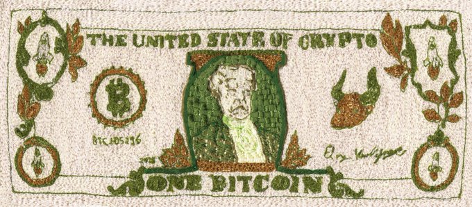 A stylized representation of a Bitcoin banknote featuring a portrait, with text 'THE UNITED STATE OF CRYPTO' and 'ONE BITCOIN' in green and brown ink.