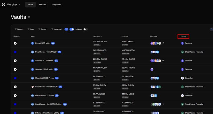 The image displays a screen from a website with an abundance of text, possibly related to lending or investing. The main focus appears to be the vault curator that determines which vault to open. There are multiple options listed for vault curators such as "AlphaPing AlphaPing" and "$17M USDC". The image also highlights the importance of carefully choosing the vault curator when lending on Morpho, since some have proven to be poorly managed and caused significant losses to their users.