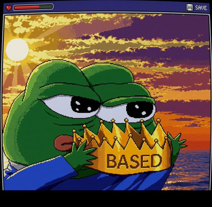 A retro pixel-art game interface shows a green Pepe-style frog holding a gold crown labeled 'BASED' against a sunset sky, with a heart/health bar and 'SAVE' button in the top UI frame.