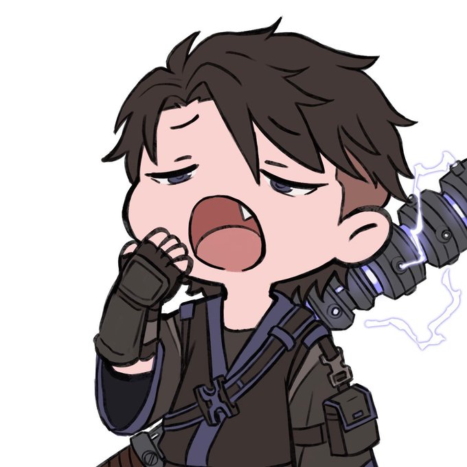 A chibi-style cartoon illustration of a tired-looking character with brown hair wearing tactical gear, yawning with eyes half-closed while wearing a glove on one hand.