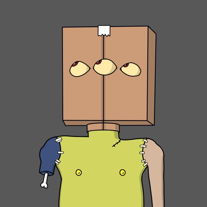 A cartoon character with a cardboard box on its head featuring three egg-shaped eyes, wearing a yellow shirt stitched together with a detached blue sleeve showing bone.