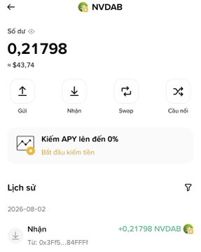 A mobile cryptocurrency wallet screenshot displays an NVDAB token balance of 0.21798 (approximately $43.74) sent on August 2, 2026, from address 0x3Ff5...8FFFf, which corresponds to the wallet mentioned in the post promoting NVDAB as a meme coin.