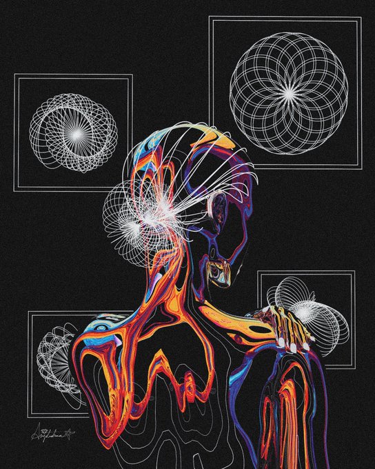 Psychedelic digital art shows a colorful, distorted human figure with intricate white geometric sphere patterns radiating from the head and background.