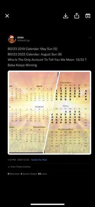 A Twitter screenshot by user @BabaGugs discussing BG123 winning streaks, featuring a calendar image with dates marked for April, August, January, May, and September.