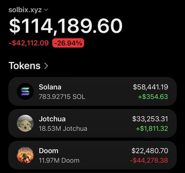 A screenshot of the solbix.xyz wallet tracker shows the address 2MsW1rv316FT3ZD54HkiAotVnLQm1knVoLS2q6NbrFcB holding $114,189.60 total, including $33,253.31 in JOTCHUA (+$1,811.32) and $22,480.70 in DOOM (-$44,278.38), with the portfolio down 26.94% (-$42,112.09), illustrating the wallet's heavy losses on its $53,300 DOOM buys at an average entry of ~$4.31M.