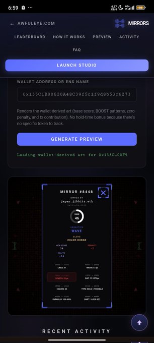 The image displays a screenshot of a smartphone's app screen, which shows a user interface that resembles a game or a social media platform with buttons and icons. The text on the phone indicates that someone has recently played the Mirror NFT creation feature by pasting their wallet address into the app. It is unclear how this relates to the post, but it seems to be a discussion about the new Mirror NFT feature or the app itself in general.