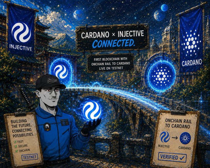 A promotional graphic announces 'CARDANO x INJECTIVE CONNECTED' as the 'FIRST BLOCKCHAIN WITH ONCHAIN RAIL TO CARDANO LIVE ON TESTNET', featuring logos for both cryptocurrencies and a cartoon character.