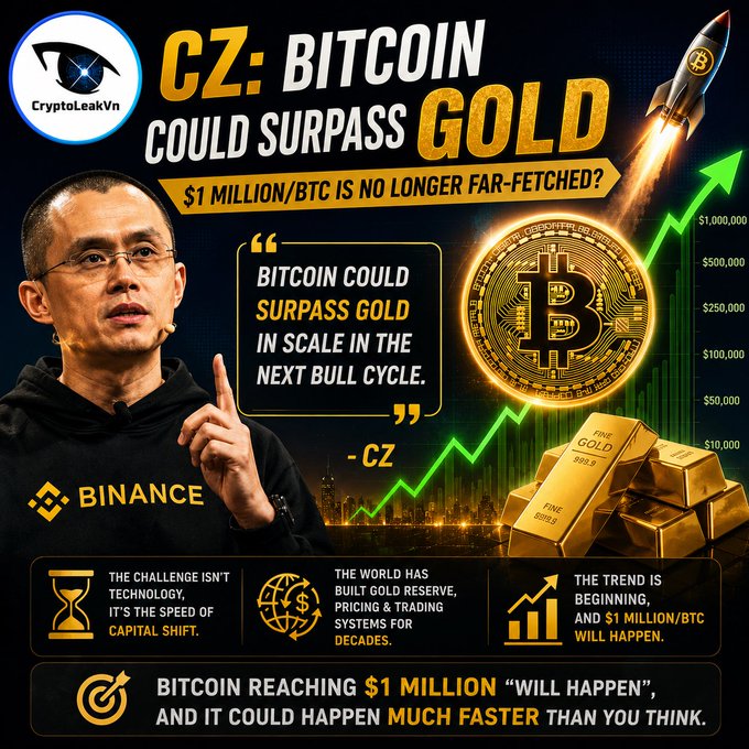 An infographic titled 'CZ: BITCOIN COULD SURPASS GOLD' featuring a portrait of CZ from Binance, a Bitcoin coin, gold bars, and the quote 'BITCOIN COULD SURPASS GOLD IN SCALE IN THE NEXT BULL CYCLE'.