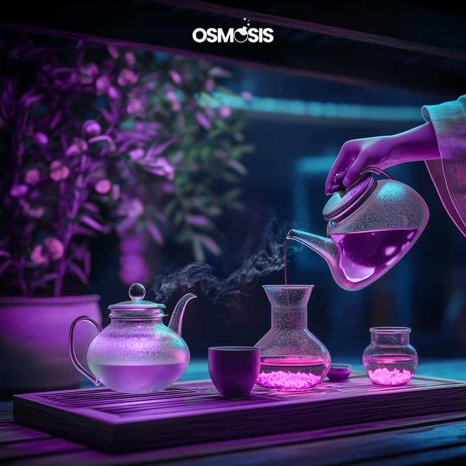 A hand pours steaming purple tea from an ornate teapot into a glass vessel, surrounded by other teaware on a wooden tray bathed in moody violet and blue lighting. The "OSMOSIS" logo appears at the top, tying the imagery's sense of fluid flow and transformation to the platform's promise of uniting "hundreds of chains" into a single, seamless trading experience.