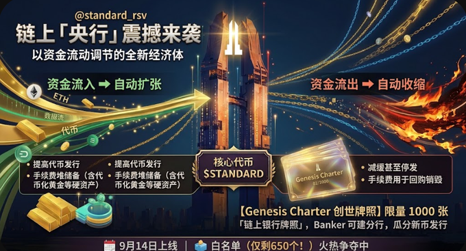 A Chinese cryptocurrency promotional graphic for '@standard_rsv' about a 'Chain Central Bank Shockwave Coming,' featuring the 'Genesis Charter' and 'Core Coin STANDARD'.