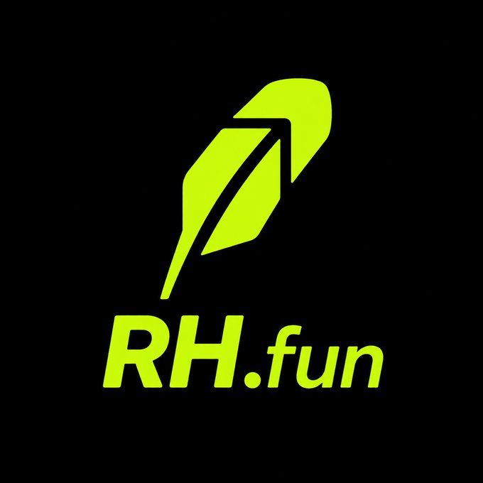 The image features a bright neon green feather logo above the text "RH.fun" on a black background. This serves as the branding for the @RHdotfun account, which is inviting users to share their Robinhood ETH addresses in the accompanying post.