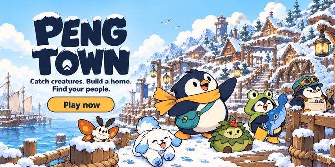 A promotional banner for the game 'PENG TOWN' featuring cartoon penguin characters in a snowy village with the tagline 'Catch creatures. Build a home. Find your people.' and a 'Play now' button.