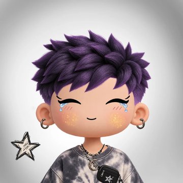 A 3D rendered chibi-style character with spiky purple hair, freckles, and earrings wears a tie-dye shirt, with a small star graphic floating beside them.