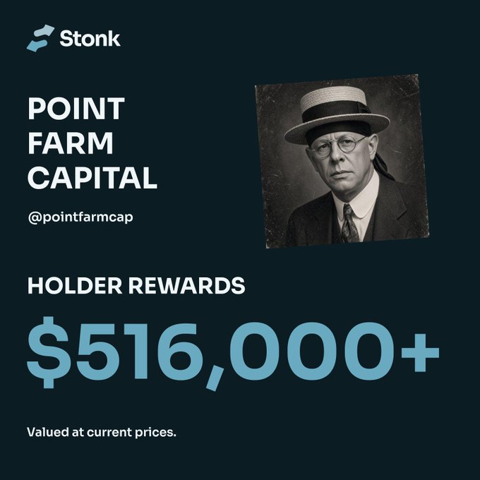 A Stonk platform graphic for Point Farm Capital (@pointfarmcap) showcases "HOLDER REWARDS" of "$516,000+" valued at current prices, featuring a vintage-style portrait of a man in a straw boater hat. The bold figure illustrates the impressive crypto rewards earned by the holder, aligning with the post celebrating over $100,000 in $HYPE gained from holding $PURR.