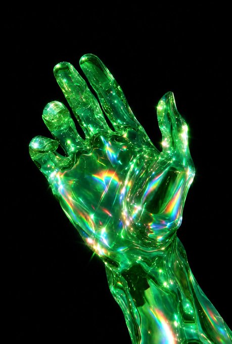 A translucent, green, glass-like hand reaching upward against a black background, featuring iridescent rainbow reflections and sparkling light effects.