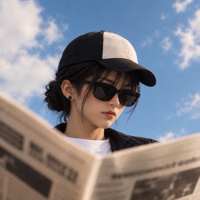 A woman wearing a black-and-white trucker cap and dark sunglasses reads a newspaper against a bright blue sky, making for a stylish and confident new profile picture.