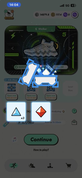 A mobile game interface showing a 'Walker' loot box being opened with reward icons, including 34 Ethereum (ETH) and x3 booster, with a 'Continue' button at the bottom.