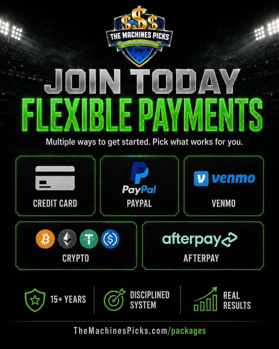 A promotional graphic for "The Machines Picks" (Sports Betting AI Capsper) advertises "JOIN TODAY FLEXIBLE PAYMENTS" with five payment options displayed as icons: Credit Card, PayPal, Venmo, Crypto, and Afterpay. The bottom of the image highlights "15+ YEARS," "DISCIPLINED SYSTEM," and "REAL RESULTS" trust signals, directing viewers to TheMachinesPicks.com/packages.