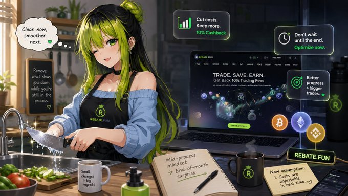 An anime-style illustration of a green-haired girl cooking while surrounded by REBATE.FUN promotional text advertising cashback on trading fees.