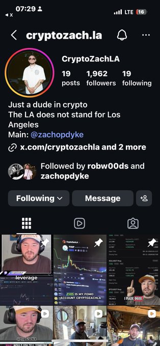 An Instagram profile page for 'cryptozach.la' (CryptoZachLA) shows the bio 'Just a dude in crypto. The LA does not stand for Los Angeles' with links to x.com/cryptozachla.